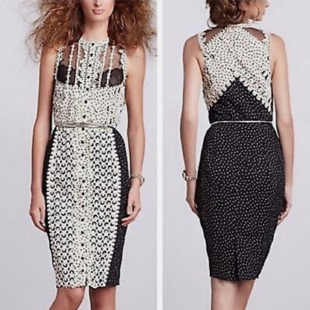 Anthropologie Beguile Byron Lars Laser Cut Midi Black Cream Sheath Dress ~ Sz 6 - Picture 3 of 16